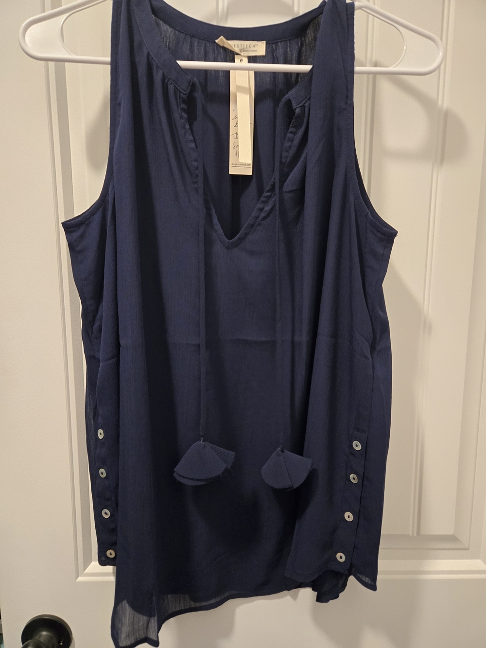 lovestitch Navy V-Neck Tassel Tank with Side Buttons